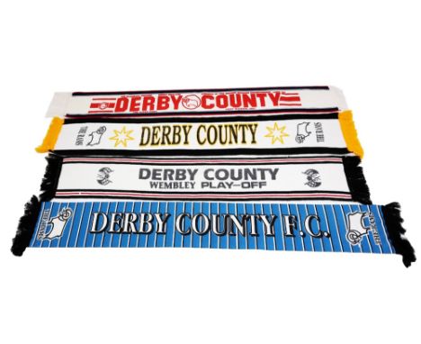  A collection of Derby County vintage woolen football scarves.