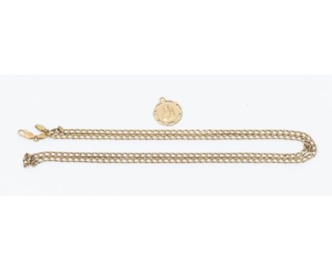 A 9ct gold flat link curb chain, width approx 3mm, length approx 30'' and a St Christopher 9ct gold medallion missing top loo