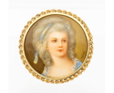 A yellow metal mounted porcelain miniature portrait brooch/pendant, comprising a circular form depicting a young female, sign