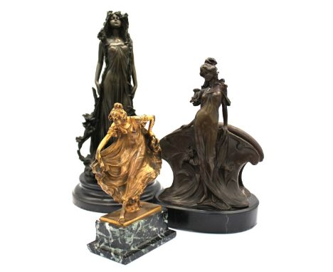 After E. Seger: a gilt bronze figure of a dancing female upon a marble-effect base, approx. 18.5cm high; a mid 20th century s
