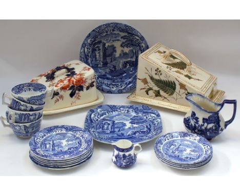 A collection of blue and white Spode china, bowls, cups and saucers and other blue and white along with late 19th Century and
