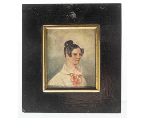 English School (19th century), Portrait of a lady, Oil on board, 7cm x 8.6cm, unsigned, in ebonised frame.  Condition: slight