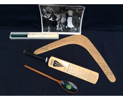 Cricket interest: an Australia v England 1978-79 boomerang signed by both teams; and England 1979-80 signed miniature cricket