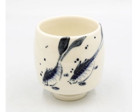 Richard Heeley ceramics artist A blue and white oriental design drinking vessel. Set on a small circular foot. Decorated with