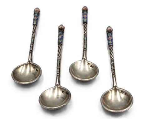 Four matching 19th century Russian silver and enamel spoons, each with profuse enamel detail to back of bowl and terminal, wi