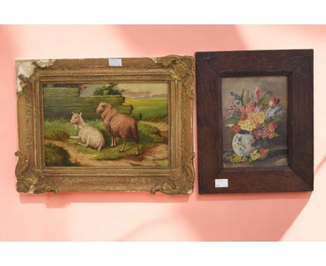 A 19th Century English school oil on board of a goat and sheep, unsigned, in period gilt frame along with an early 20th Centu