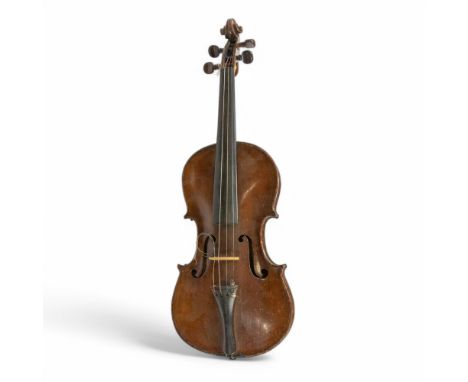  A 19th Century Czech violin in case with two bows, black wooden case with brass swing carry handle, "Pindar" brand.