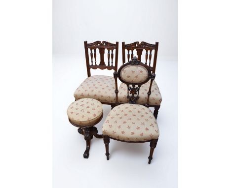A pair of Victorian mahogany dining chairs along with a Victorian parlour/bedroom chair and a Victorian mahogany piano stool 