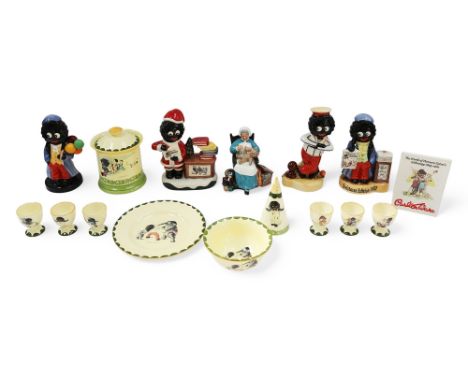 A collection of Carlton Ware Christmas ceramic Gollys to include figures, sweet jar with lid, egg cups and sugar sifter.