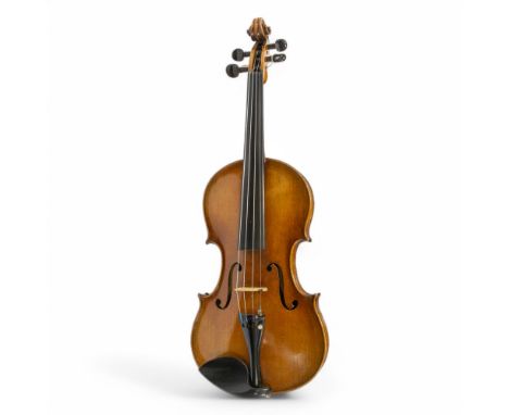  A Perry of Dublin 20th Century violin in case with two bows, faux crocodile skin case.