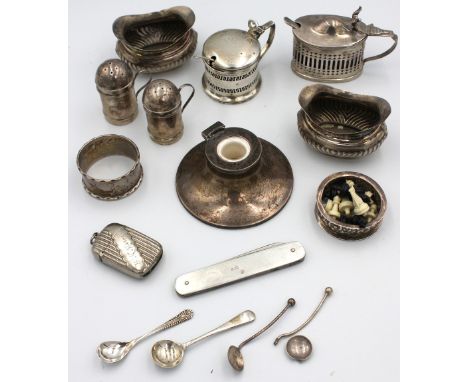 A collection of silver to include; a pair of late Victorian salt cellars, with gadrooned bodies, hallmarked Birmingham, 1900 