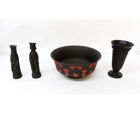 A Wedgwood black basalt bowl with fluted rim and orange classical design, approx. 20.5cm diam; a black basalt trumpet shaped 