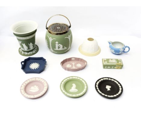 A selection of Wedgwood comprising: a trumpet shaped vase (missing liner); a biscuit barrel in green with plated cover; three