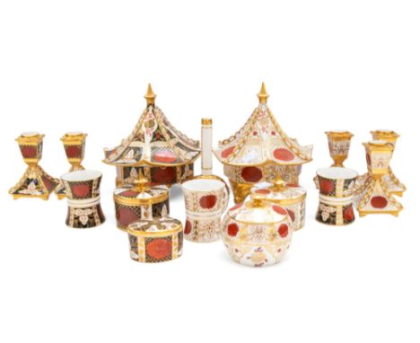 A collection of Abbeydale imari china wares to include a large small lidded pots, candlesticks, trinket pots, vase etc.  Cond