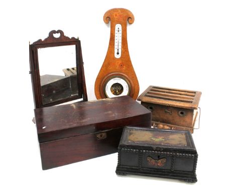 A 19th Century footwarmer, a George III toilet mirror, a 19th Century writing box, an early 20th Century wall barometer and a
