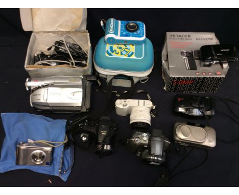  A collection of digital cameras and camcorders, boxed case and loose to include Hitachi, Olympus, Fuji, Sony and Samsung.