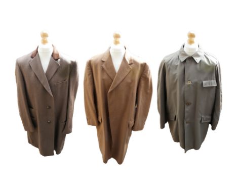 A wool camel full length coat by Dehavilland, fully lined, hand stitched edging and two flap pockets (44" chest), a lightweig