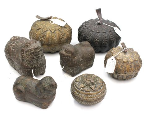 Seven assorted 19th/early 20th betel related comprising of a Cambodian brass box cast in the form of a dog; 15cm long; togeth