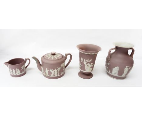 A small collection of Wedgwood purple jasperware pieces comprising a twin-handled vase, approx. 15cm high, a trumpet-shaped v