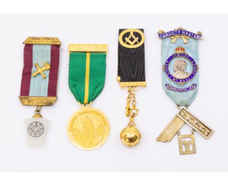 A 9ct yellow gold Masonic folding ladder orb, diameter approx 17mm, suspended from a 9ct gold and ribbon fob with 9ct gold ma