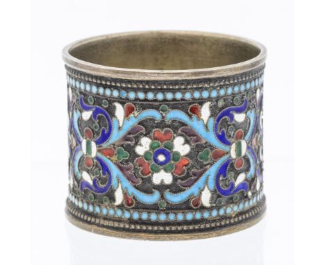 A Russian 84 standard silver and cloisonné enamelled napkin ring, width approx 38mm, weight approx 39gms  Further details: sl