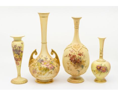 A group of four Royal Worcester blush ivory vases comprising: a twin-handled floral decorated example, no. 1761, approx. 25.2
