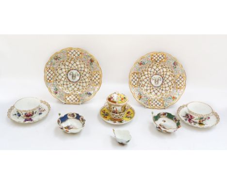 A small selection of Continental porcelain to include Augustus Rex lidded chocolate cup and cover on stand,, 3 other similar 