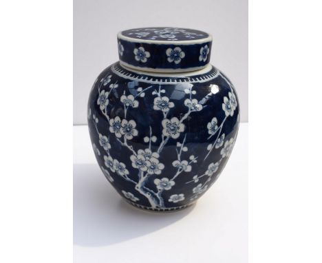 A Chinese blue and white porcelain ginger jar and cover, decorated with flowering blossom; bearing four character Kangxi mark