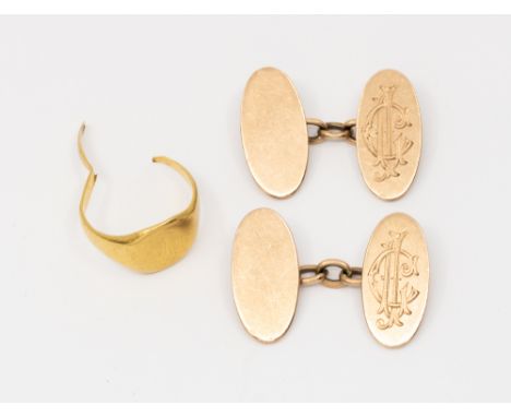 A pair of 9ct rose gold monogrammed cufflinks, weight approx 11.8gms and a broken 22ct gold ring, weight approx 5.9gms