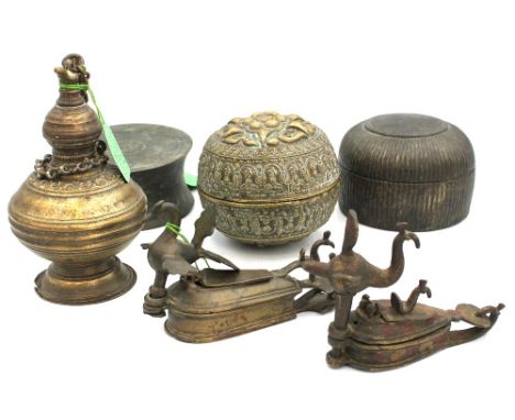 Assorted 19th/early 20th century Indian brass lime boxes/pots comprising of a turned circular lime pot with bird shaped finia
