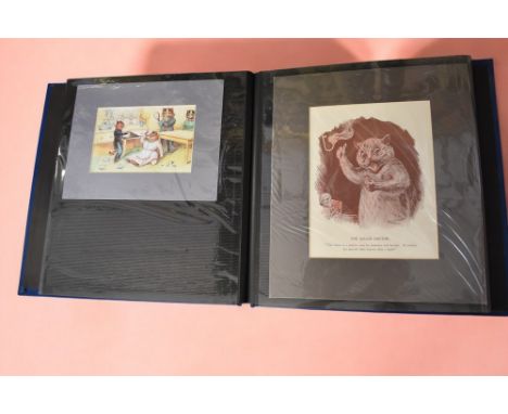 A collection of framed Louis Wain cat prints along with an album of Louis Wain prints.