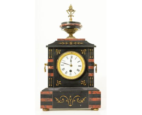 A late 19th century probably French slate and marble clock, having front with etched foliate design, top with urn shaped fini
