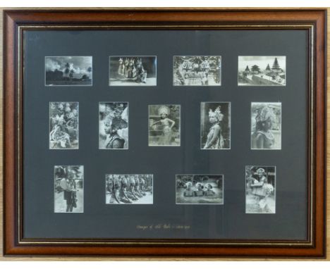 A framed and glazed montage of 1930s real photographic postcards of Bali and its people; From the collection of Helen L Pinkn
