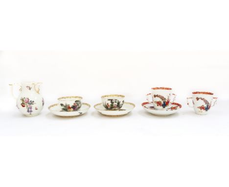 Meissen: a pair of cabinet cups and saucers, a jug and 2 x chocolate cups and one saucer 1 chocolate cup with repair to rim ,