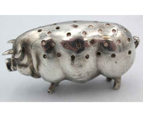 An Edwardian silver novelty pin cushion, in the form of a Pig, with holes to body where pins go, and hole to underside of bel