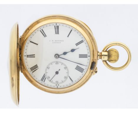 An early 20th century J.W Benson London, 9ct gold half hunter pocket watch, comprising a white dial with numeral markers, sub