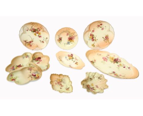 A small assortment of Royal Worcester blush ivory porcelain comprising: a sharing platter no. 1994; a shell-shaped dish no. 1