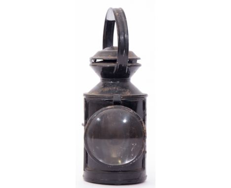 Railway Lamps: Black 3-aspect BR lamp 30cm high. Fittings complete, brass stamped BR(E) and clear bullseye lens intact.