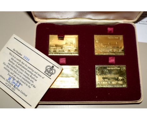 Set of four gold plated sterling silver Railway Anniversary Stamp Replicas 1925-1975 in buff presentation case, set No 3559 o