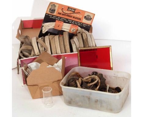 Railway Interest: Box containing a dozen rolls of lamp wick and various fittings suitable for lamp maintenance and repair.