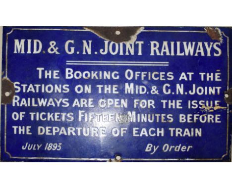 Scarce M&amp;GN blue enamel sign 20 x 13cm ‘MID &amp; GN JOINT RAILWAYS’ re ticket office opening. Dated July 1893. Some rust