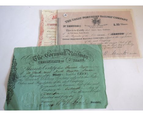 Three share certificates: £50 share in the West Cornwall Railway dated 16 Dec 1846. £25 share in the Great Northern Railway d
