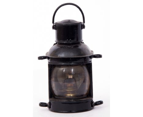 Small black Hand Lamp, No railway markings. Curved front. Fittings complete and all glass intact.