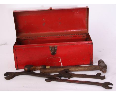 Railway Tools: Red toolbox containing 24 heavy tools from various companies. 3 x GER. 1 x M&amp;GN. 1 x GNR. 12 x LNER, 11 of