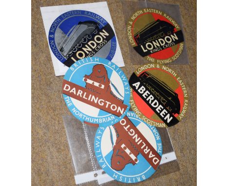 Six unused railway-interest Circular luggage labels in excellent condition 11.5cm dia: 1 x LNER ‘The Silver Jubilee’ to Kings