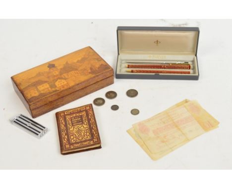 A small quantity of collector's items including Georgian and Victorian coins, a leather bound copy of "In Memoriam" by Tennys