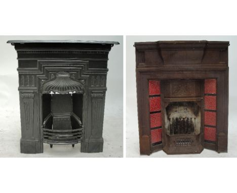 A Victorian cast iron fireplace with tile inserts, width approx 98cm, and a similar smaller example without tiles and refurbi