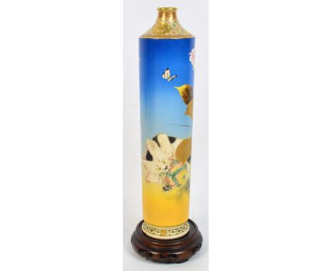 An unusual Japanese Meiji period Satsuma cylindrical tall vase, the neck with detailed gilt heightening, a blue and yellow gr