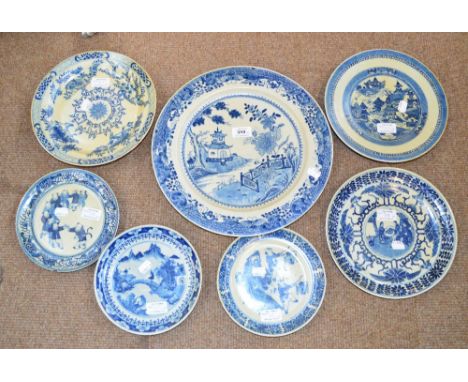 A collection of six Chinese porcelain plates/dishes, each painted in underglaze blue including a Kangxi example, decorated wi