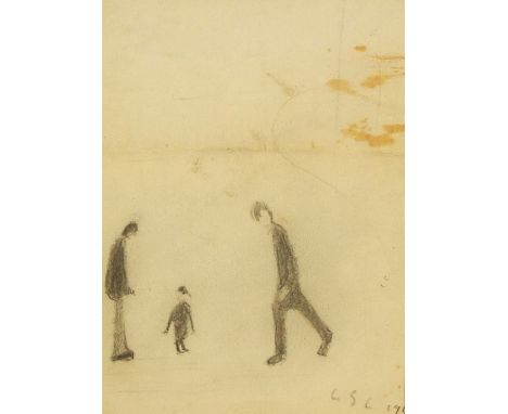 In the manner of LAURENCE STEPHEN LOWRY; a pencil sketch, three figures, bears initials and partial date lower right, 16 x 11